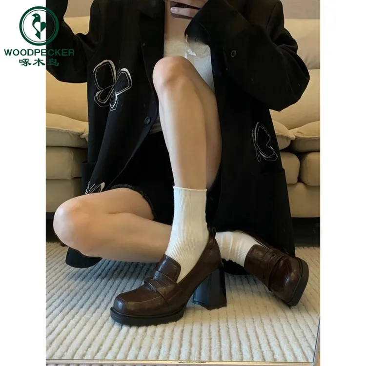 啄木鸟2025年新款复古女鞋高跟小皮鞋女厚底一脚蹬乐福鞋粗跟单鞋
