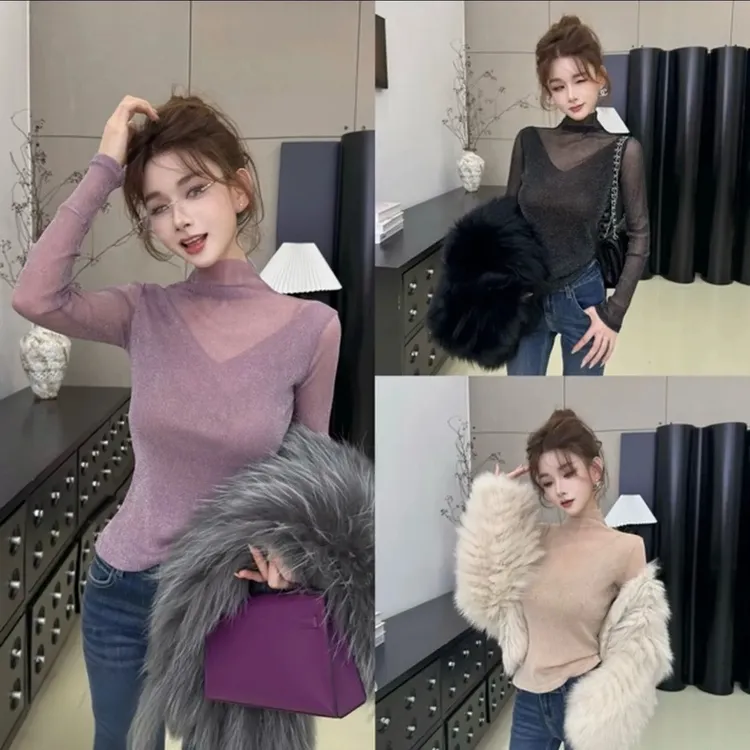 闪闪高级感法式星空堆堆领长袖上衣双领口设计洋气小衫内搭