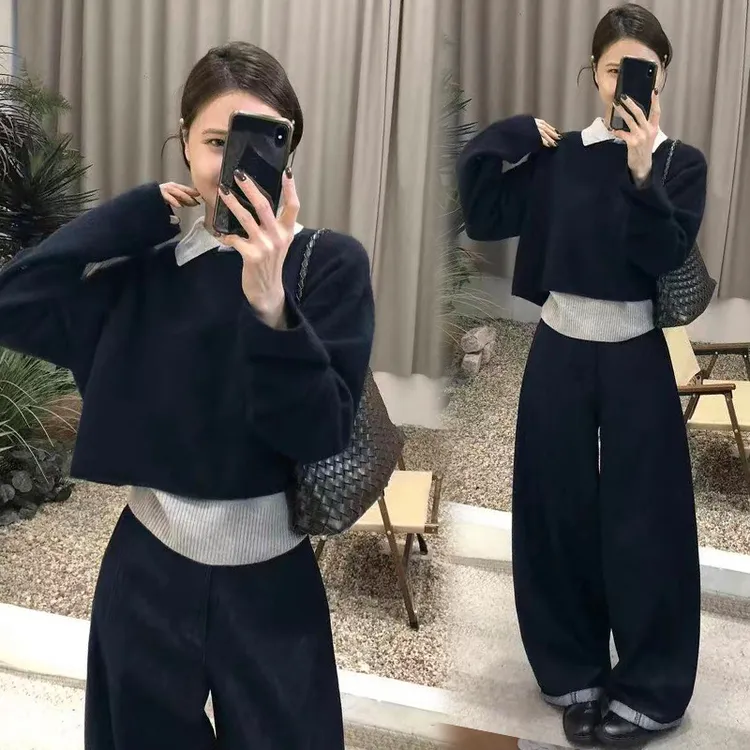 【送腰带】时尚三件套女POLO领长袖背心裤子套装毛衣直筒阔腿拖地裤