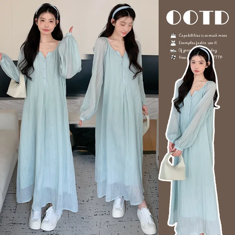 时髦秋装2025秋季高级高开扣长袖雪纺孕妇连衣裙高级感大码女装春