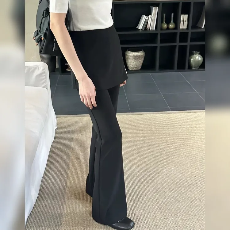 （加绒/常规）高腰假两件屁帘微喇裤女松紧腰弹力显瘦黑色休闲百搭