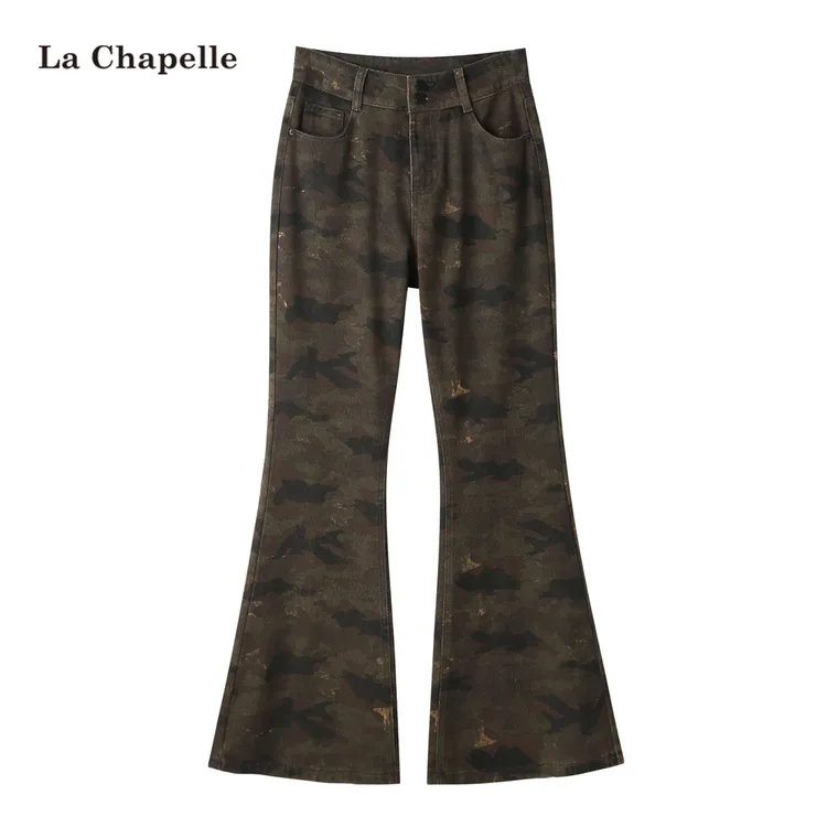 拉夏贝尔高街迷彩工装微喇牛仔裤女春秋2026新款设计高腰修身长裤