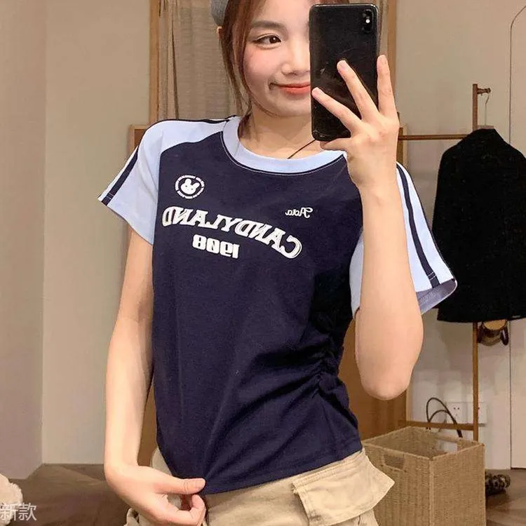 美式字母印花插肩短袖t恤女夏装甜辣妹风小个子收腰显瘦短款上衣