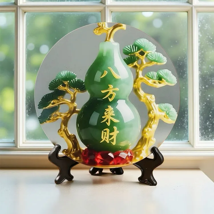 八方来财翡翠玉石葫芦木质画框摆件旺宅转运桌面玄关酒柜装饰摆件