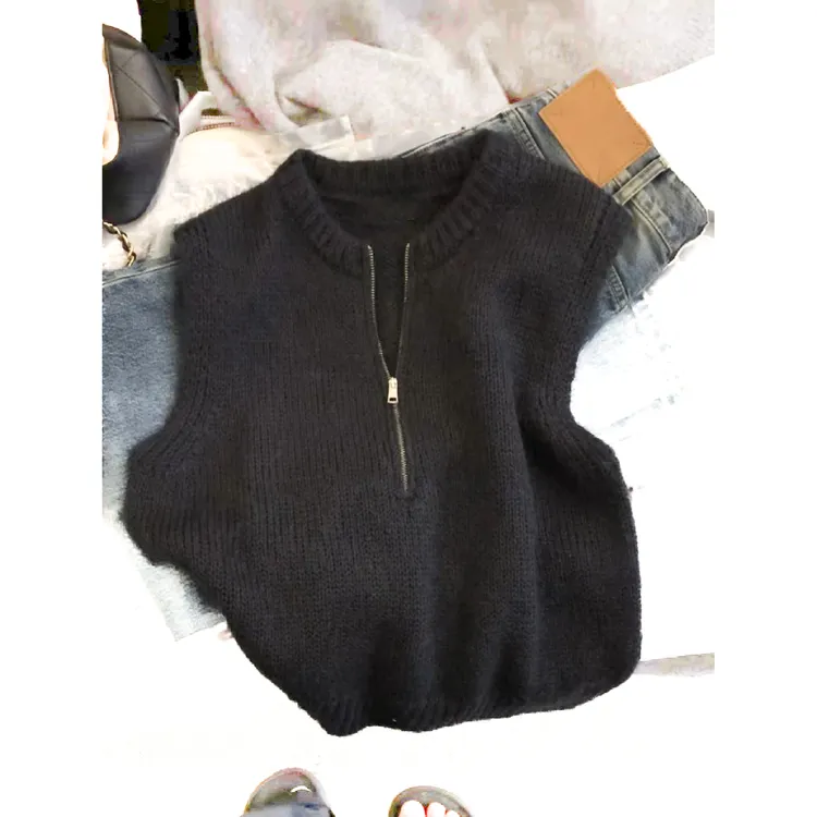 牛X货 巨炸裂！早秋季穿搭~黑色百搭圆领半拉链叠穿针织马甲女背心