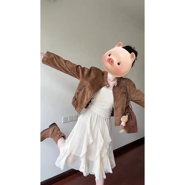 韩系秋冬麂皮绒外套女宽松短款夹克上衣搭配背心半身裙时尚套装