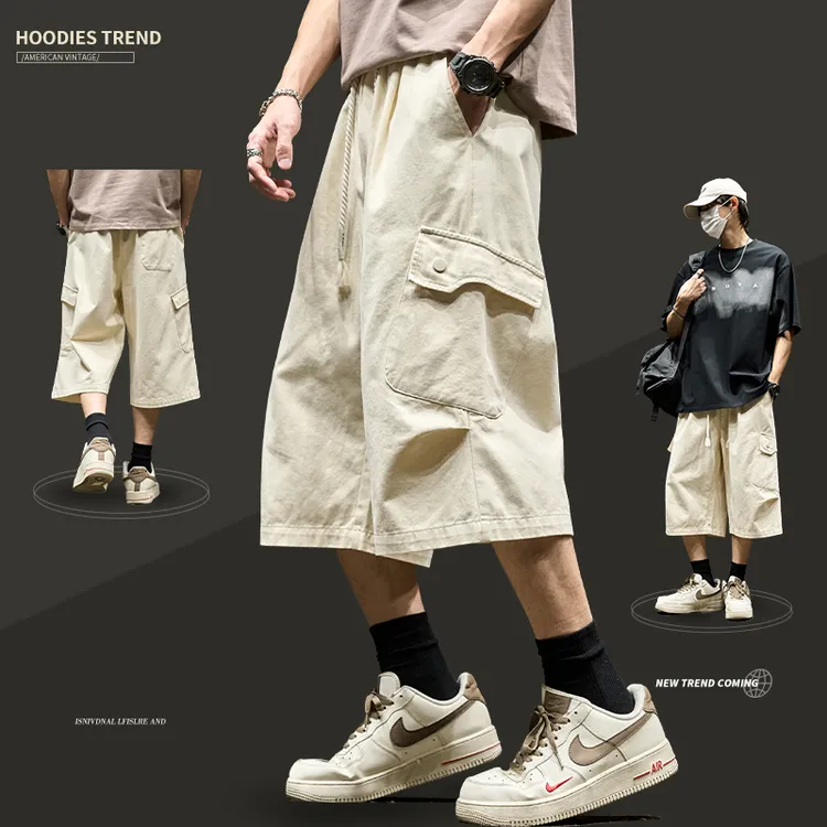 男七分裤夏季薄款纯棉休闲百搭潮牌宽松工装短裤美式直筒褶皱中裤