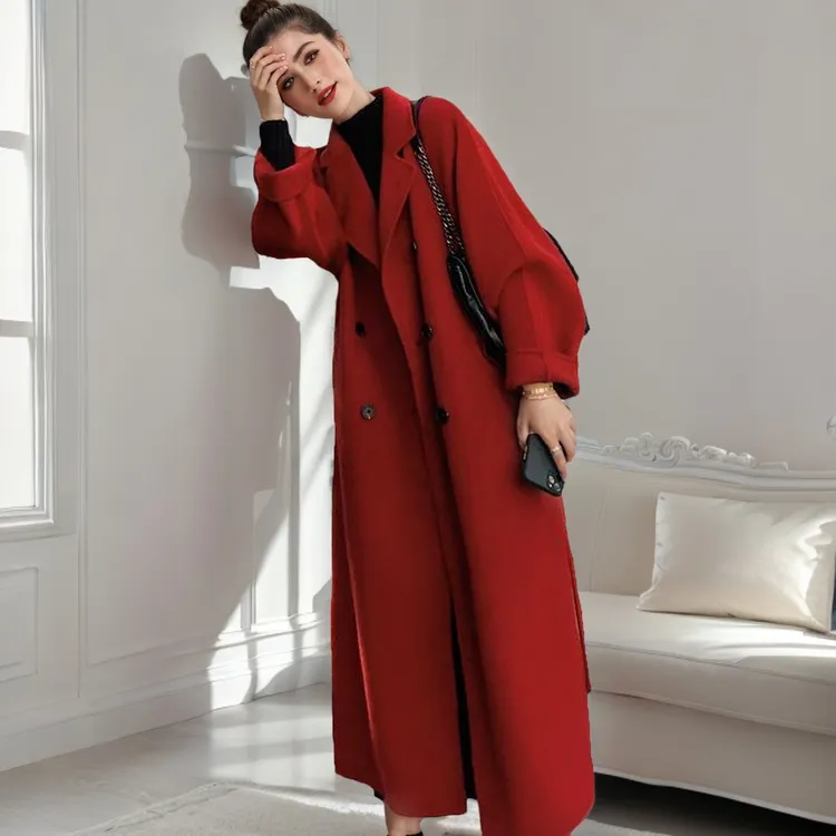2024秋冬款红色中长款毛呢外套女韩版宽松赫本风过膝加厚呢子大衣