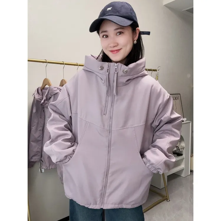 加厚加棉2025新款情侣短外套连帽宽松型双条拉链慵懒风外套女