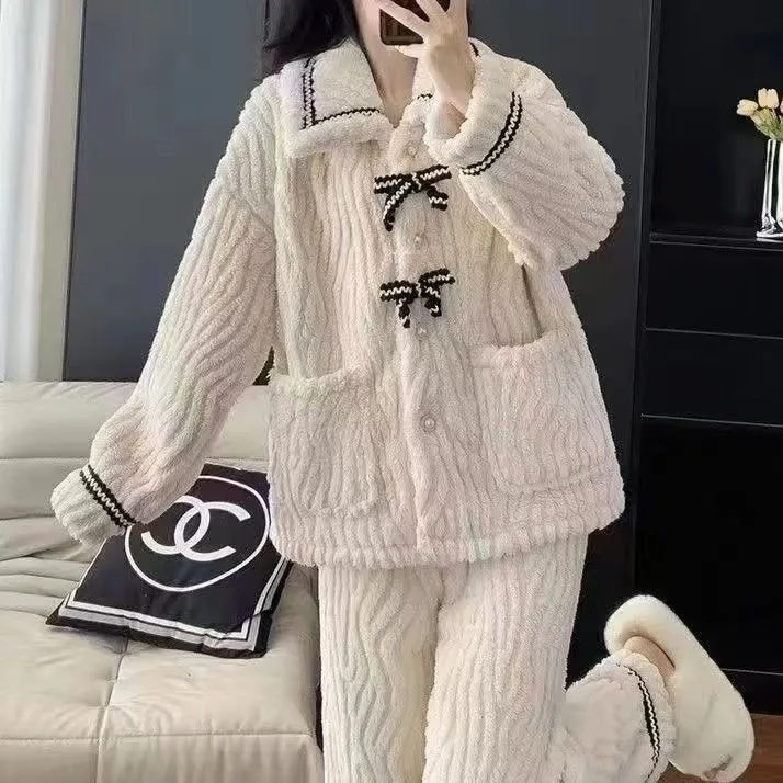 （秋季优选）睡衣长袖女珊瑚绒家居服学生小香风宽松蝴蝶结开衫睡衣