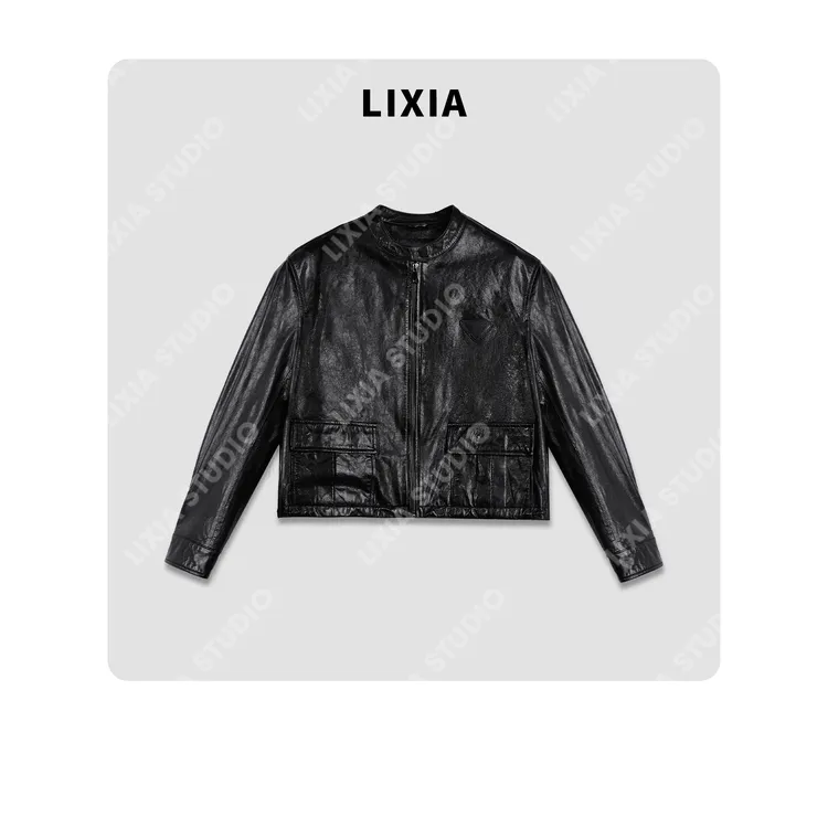 LIXIA【黑曜石】意大利进口经典设计师街头风油蜡绵羊皮皮衣-D6855