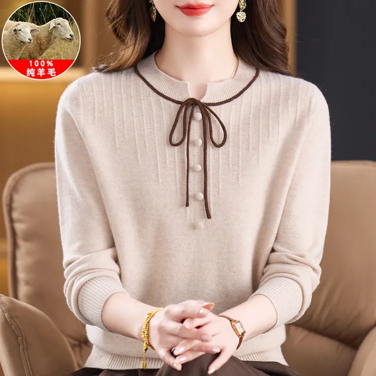 100纯羊毛衫女针织打底衫中老年人妈妈装秋冬新款大码圆领毛衣服