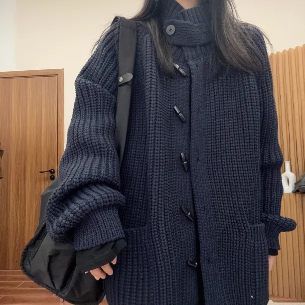 （欧巴）劳伦风秋冬藏蓝系立领长袖针织毛衣外套休闲