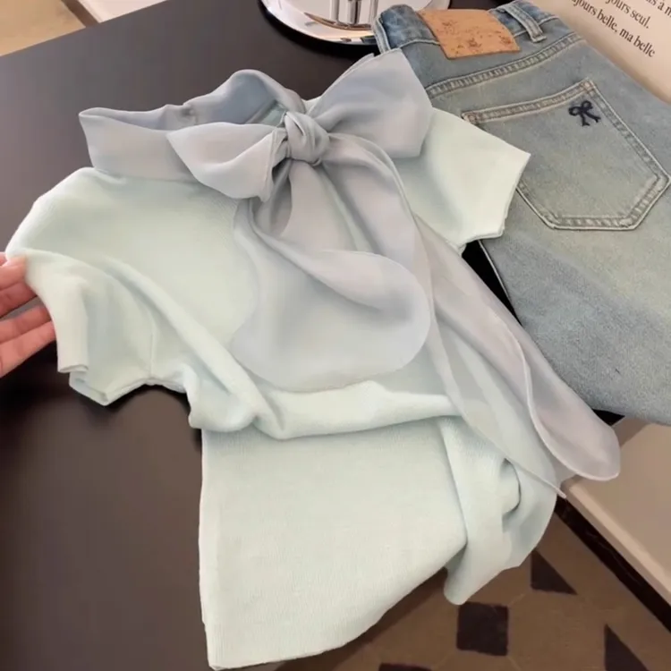 温柔蝴蝶结系带短袖针织T恤女春夏新款法式修身显瘦正肩圆领上衣