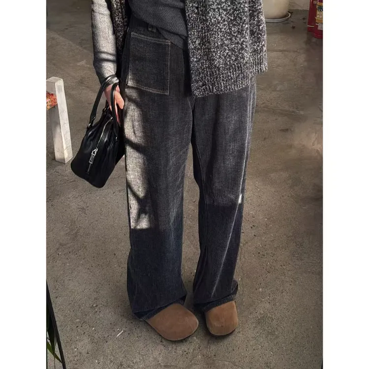 晶咕佳佳【雪尼尔羽纱】雪花感平口袋牛仔阔腿长裤时尚休闲复古高腰