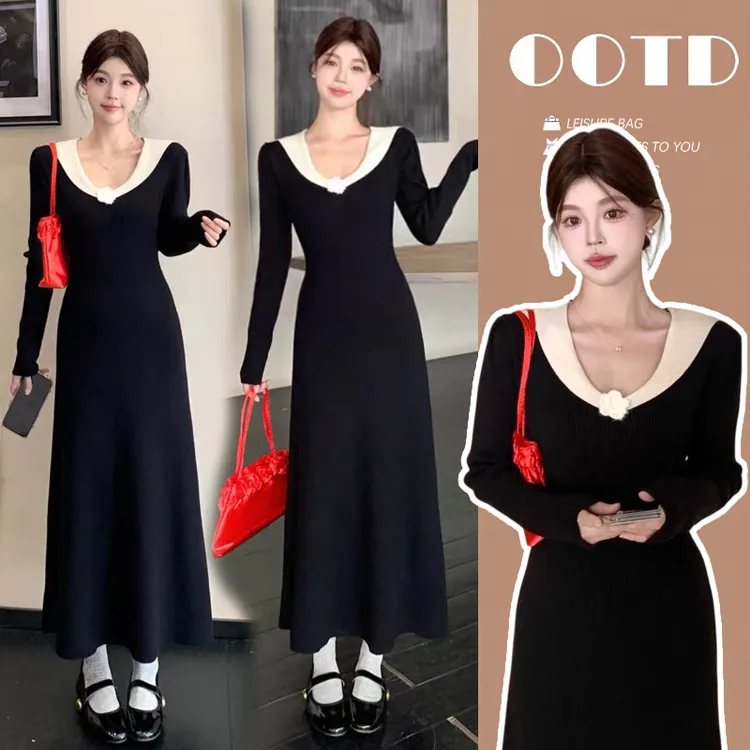 时尚孕妇装秋冬新款收腰显瘦时尚气质长款拼接针织孕妇连衣裙