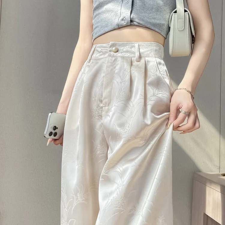 新中式国风缎面阔腿裤女夏季薄款高腰直筒西装冰丝醋酸休闲长裤子