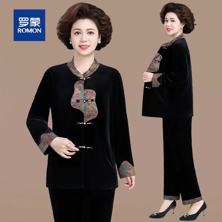 罗蒙新中式妈妈春装金丝绒套装高贵中老年人春秋外套中国风上衣女