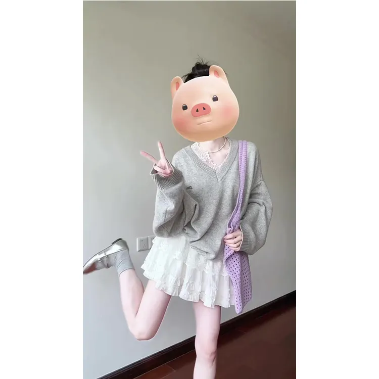 2025新款春秋穿搭一整套韩系学院风高级感灰色针织衫蛋糕短裙套装