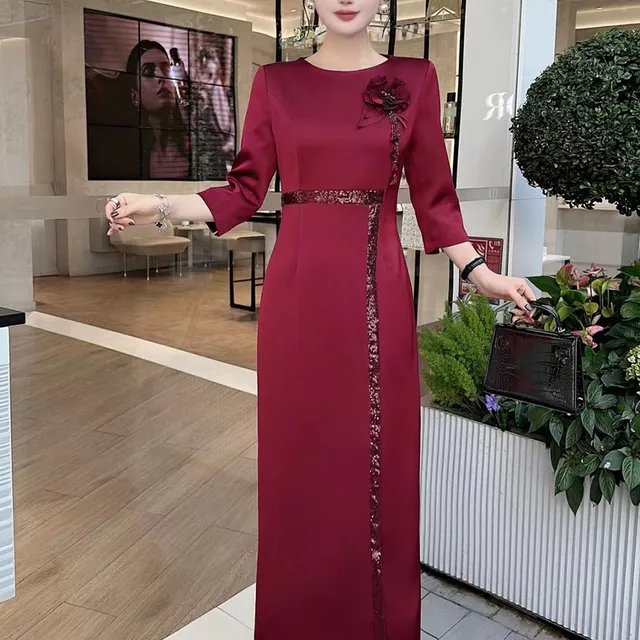 欧美法国式婆婆重型花亮片婚礼宴会礼服夏装长裙