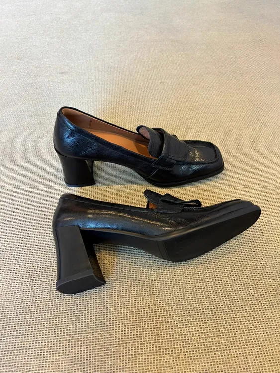 PYT~复古方头文艺高跟小皮鞋女通勤气质粗跟单鞋一脚蹬乐福鞋