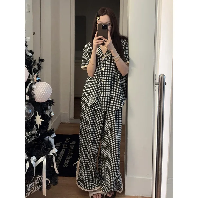 韩系温柔复古格纹睡衣女款夏季大码短袖开衫长裤家居服套装可外穿