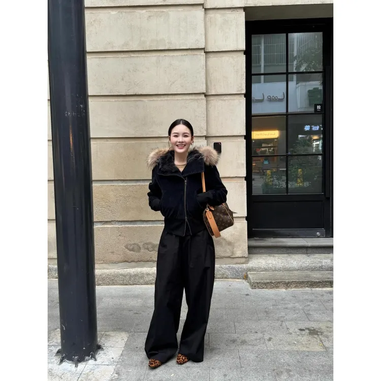 美式复古毛毛领连帽卫衣外套女秋冬季小个子高腰休闲微喇阔腿长裤