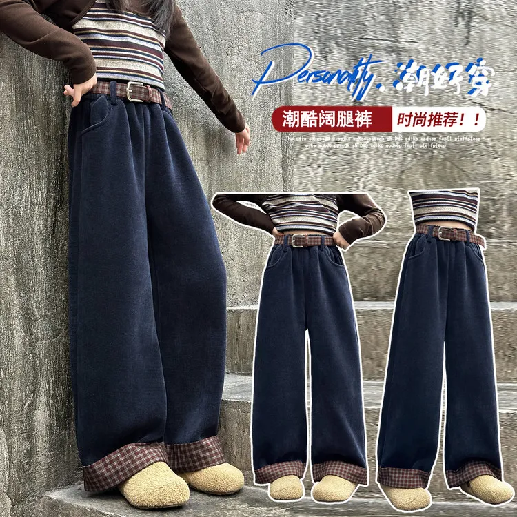 【丫丫童装】2025新款女中大童宝宝绒复合爆米花裤子送腰带-SKJ2552