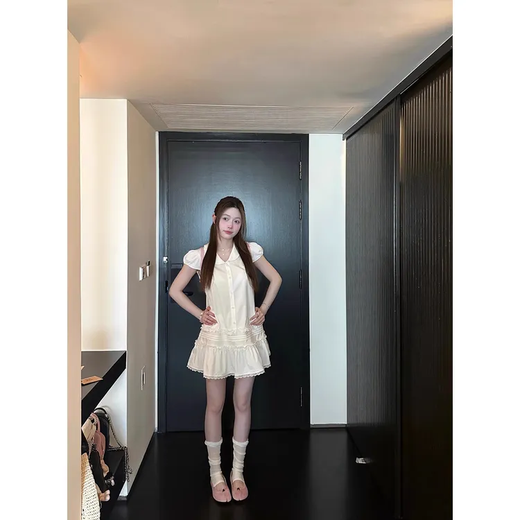 蕾丝拼接短袖花边衬衫连衣裙短裙女夏季新款法式气质显瘦白色裙子