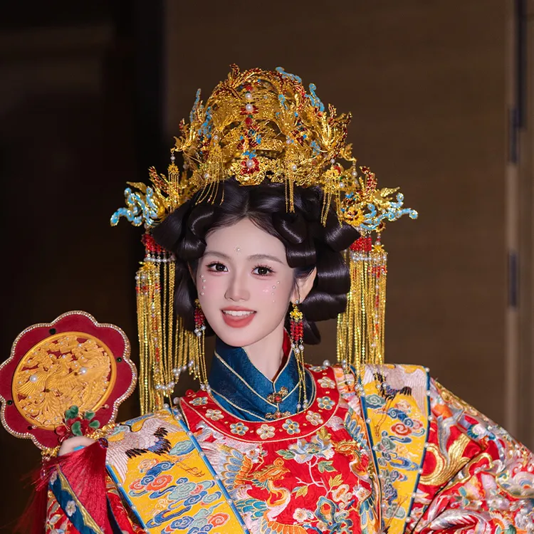 合金婚庆饰品 新娘婚礼金色凤冠高端景泰蓝华丽汉服配饰女SE25-Z
