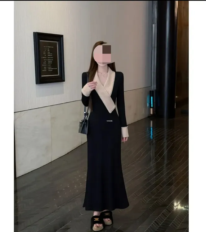 【全能女主】甜心月神冬季加绒气质V领珍珠拼接收腰显瘦连衣裙