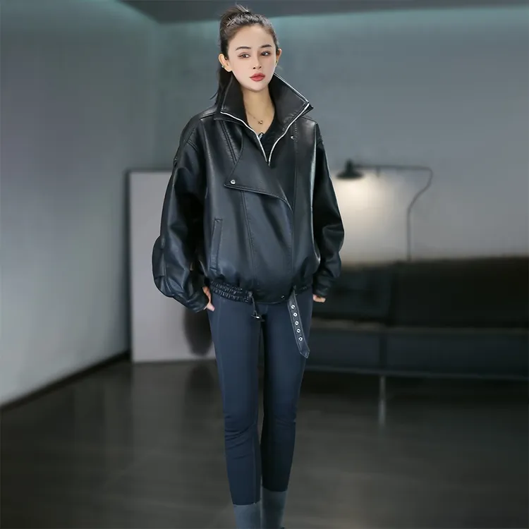 2025秋冬新款皮衣外套女宽松酷飒机车风廓形双层领加棉保暖皮夹克