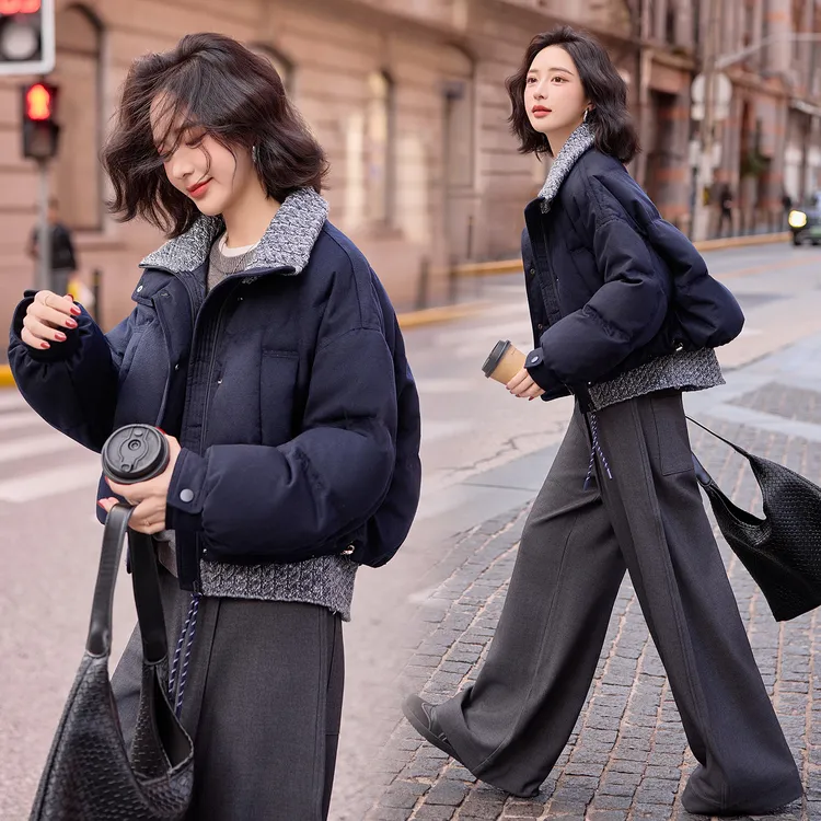 独特超好看羽绒服女冬季短款小个子针织拼接设计感立领白鸭绒外套