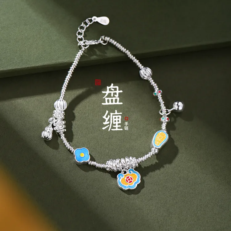 罗泰老银匠 足银珐琅手链 990纯银盘缠手链女款轻奢小众多宝手串