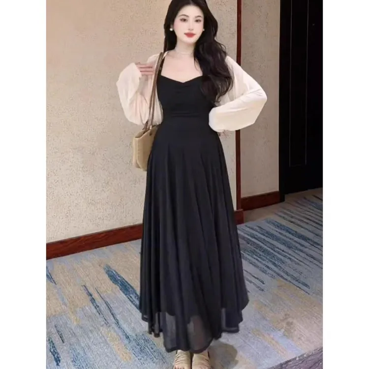 大码胖妹妹温柔风吊带连衣裙女夏季遮肉显瘦气质裙子长袖开衫套装