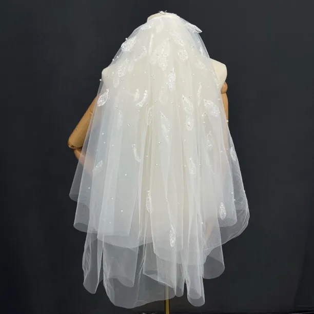 1388莎莎婚嫁饰品婚礼双层珍珠亮片短款头纱