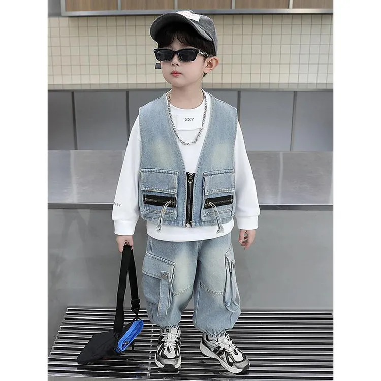男童秋装牛仔马甲三件套儿童韩版套装2025新款运动酷帅男孩衣服潮