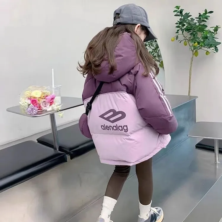 女童冬装羽绒棉服2025新款洋气儿童拼色连帽外套小女孩加厚上衣