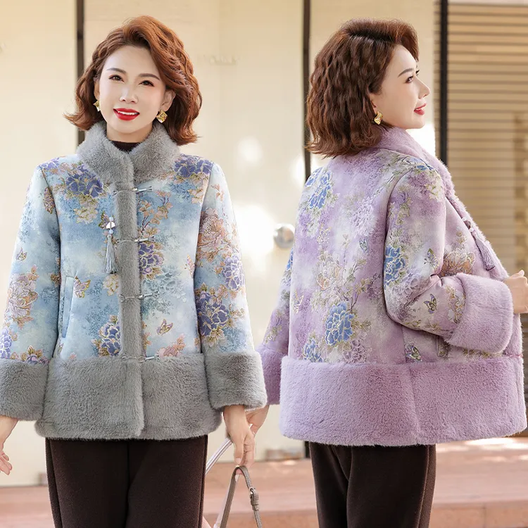 中年女冬装中式水貂绒外套中老年妈妈装加厚国风皮毛一体保暖大衣