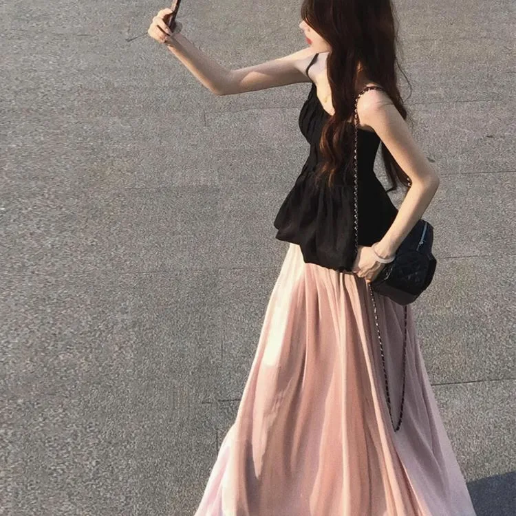 粉色缎面波光粼粼珠光半身长裙女夏新款小个子流光纱裙子仙气飘飘