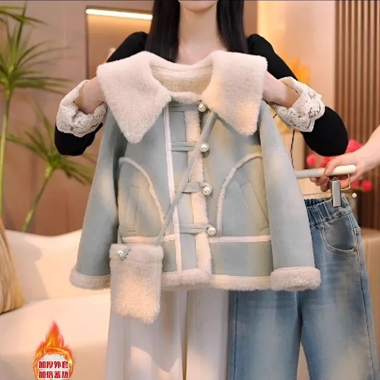 女童皮毛一体外套秋冬2025新款儿童加绒上衣冬装女孩加厚大衣洋气