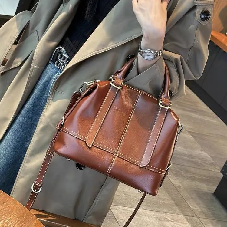 轻奢真牛皮手提女包2024新款欧美时尚百搭大容量单肩斜挎包通勤包