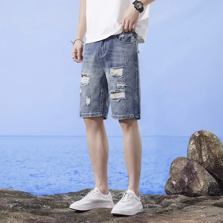 潮流牛仔裤短裤新款破洞夏季宽松五分牛仔五分短裤男牛仔短裤