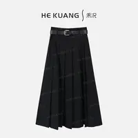 禾况HEKUANG 琥珀流光【黑蔷束褶】显瘦气质百褶半身裙E653 0372