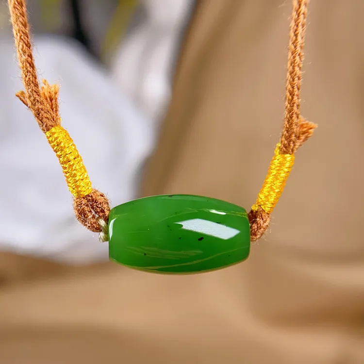 天然和田玉碧玉桶珠转运珠路路通吊坠手工编织绳项链可调节@0302