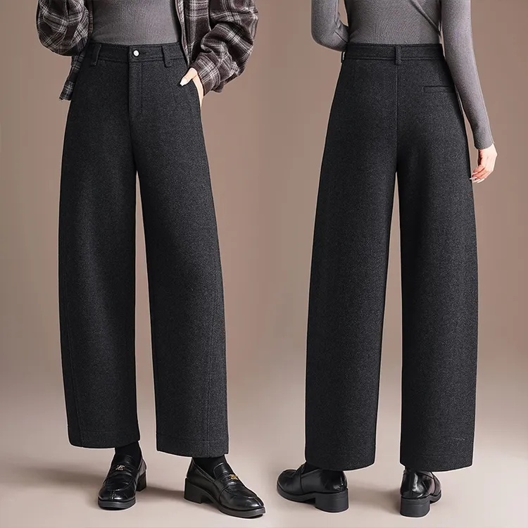 羊毛呢窄版冬季阔腿裤厚款女高腰宽松妈妈裤子小个子弯刀裤九分
