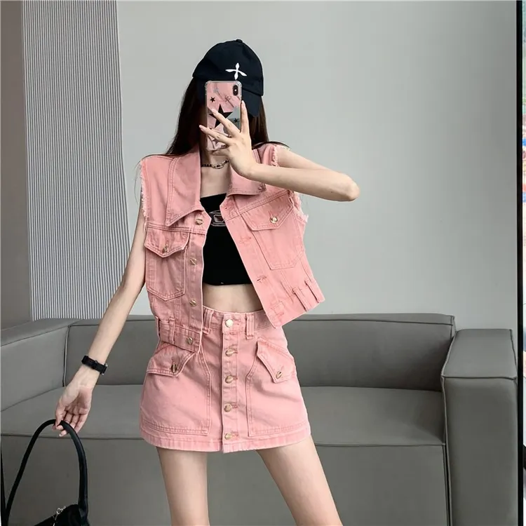牛仔套装女2025夏季港味复古chic重工牛仔马甲上衣高腰短裙两件套