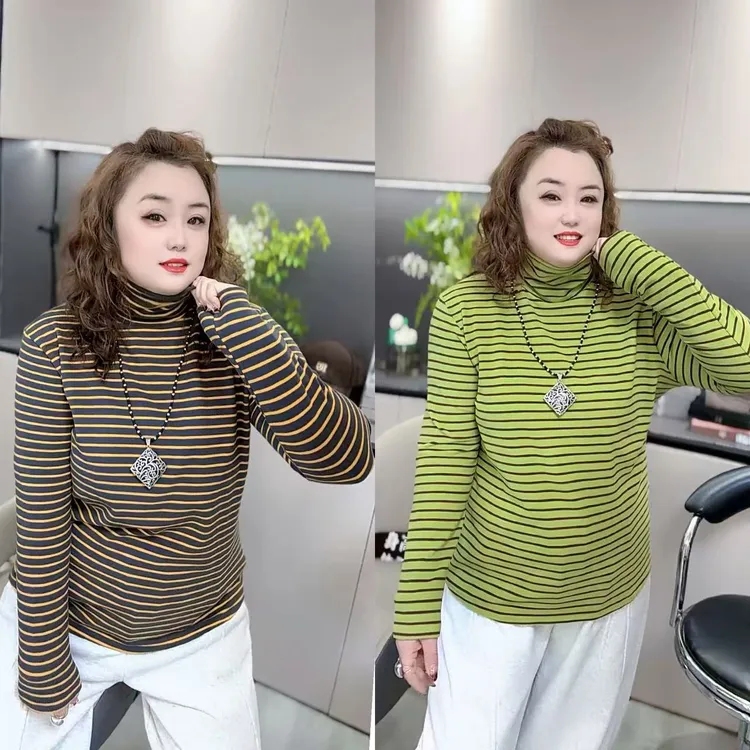 3744（丹姐家）新款休闲简约条纹高领卫衣长袖百搭时尚保暖打底衫
