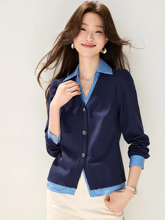 【打底V领】设计感针织衫拼接翻领条纹女长袖衬衫假两件内搭上衣