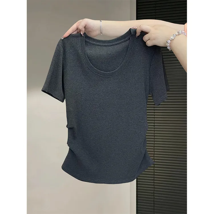特大码200斤原创慵懒风U领正肩掐腰短袖t恤女夏季百搭显瘦上衣ins
